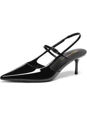 Women's Slingback Kitten Heels Pointed Toe Pumps Black-pat Adjustable Strap Heel